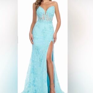 Elegant Strapless Lace Gown in Sky Blue
